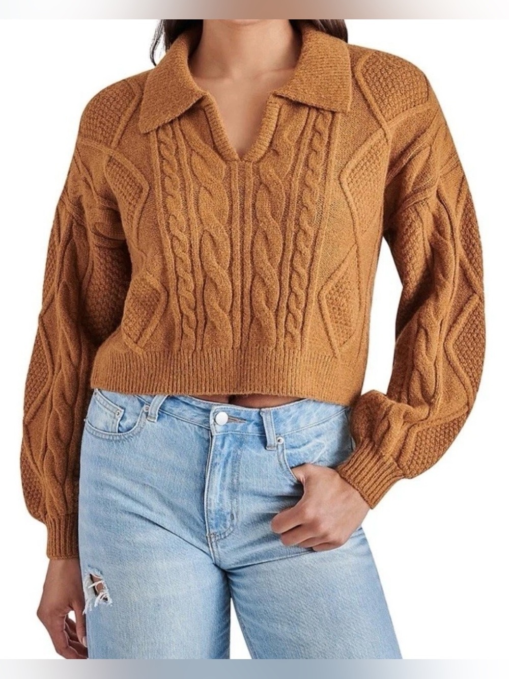 Steve Madden Small Oversized Caramel Cropped Cable Knit Sweater Retro Casual New
